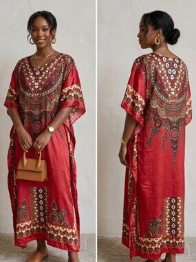 Ashro Medallion Print Satin Red Maxi Caftan FREE SIZE